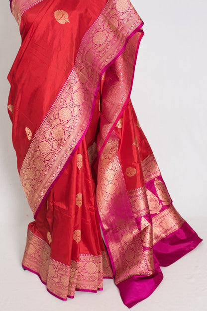 Rajini : Certified Katan Silk Bridal Banarasi Saree in Dark Red and Magenta - Saree Mandi