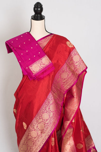 Rajini : Certified Katan Silk Bridal Banarasi Saree in Dark Red and Magenta - Saree Mandi