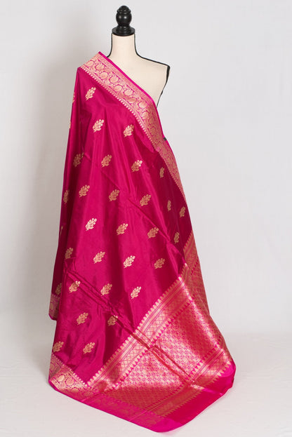 Rama : Certified Silk Banarasi Saree in Rosy Pink and Pink - Saree Mandi