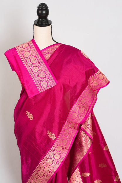 Rama : Certified Silk Banarasi Saree in Rosy Pink and Pink - Saree Mandi