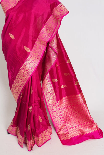 Rama : Certified Silk Banarasi Saree in Rosy Pink and Pink - Saree Mandi