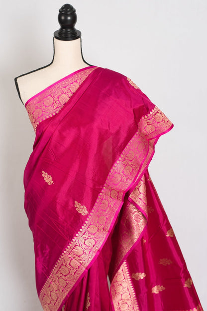 Rama : Certified Silk Banarasi Saree in Rosy Pink and Pink - Saree Mandi