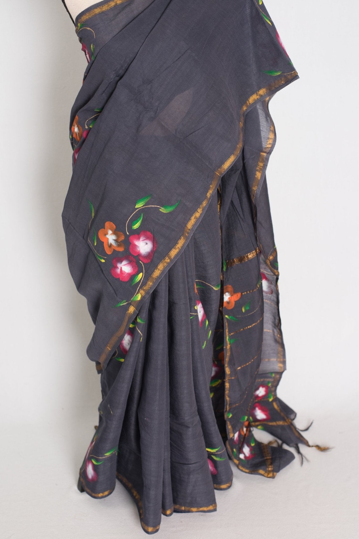 Rama Dark Grey & Gold Hand Painted Chanderi Cotton Saree - Saree Mandi