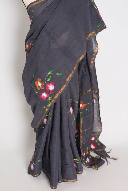Rama Dark Grey & Gold Hand Painted Chanderi Cotton Saree - Saree Mandi
