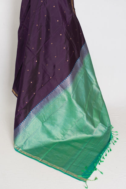 Rama: Eggplant Purple & Sea Green Minimalist Kanjivaram Silk Saree - Saree Mandi