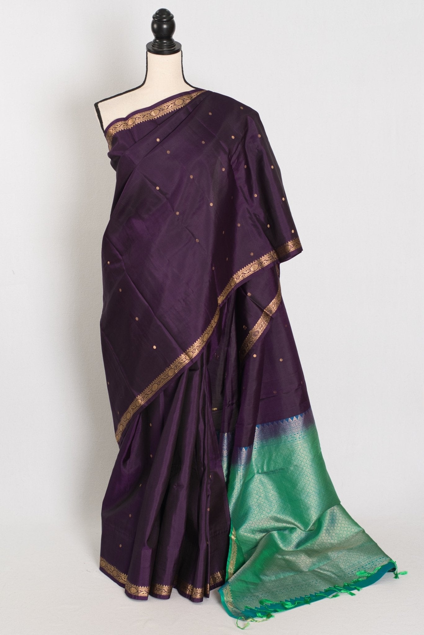 Rama: Eggplant Purple & Sea Green Minimalist Kanjivaram Silk Saree - Saree Mandi