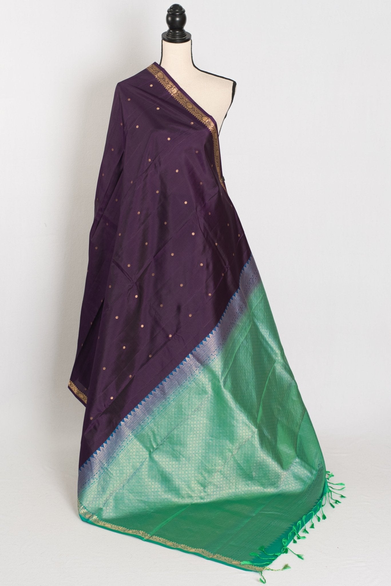 Rama: Eggplant Purple & Sea Green Minimalist Kanjivaram Silk Saree - Saree Mandi