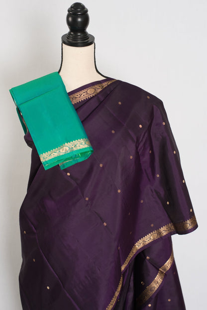 Rama: Eggplant Purple & Sea Green Minimalist Kanjivaram Silk Saree - Saree Mandi