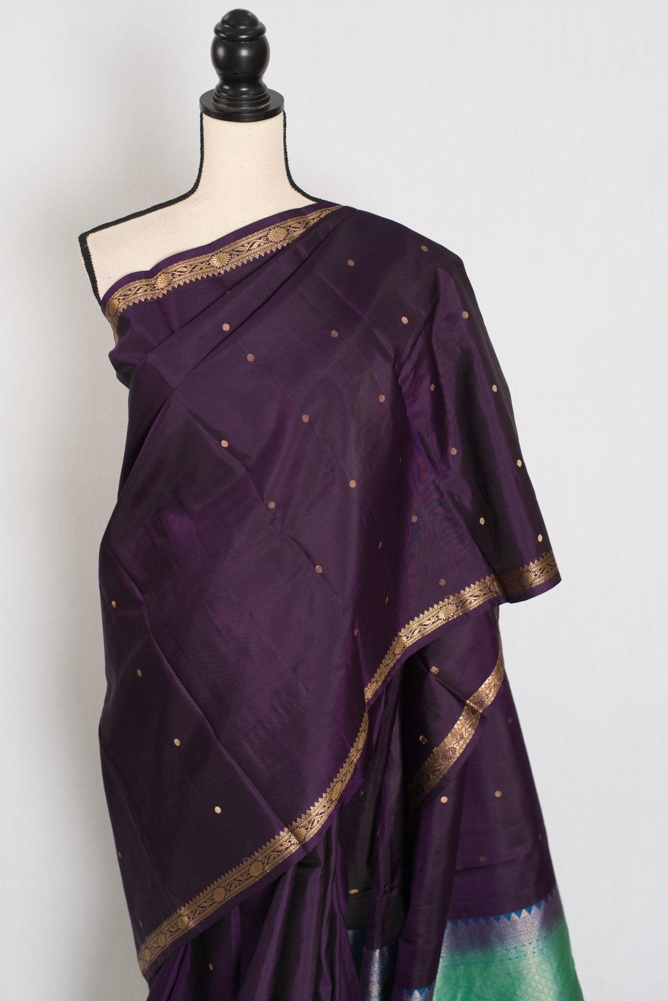 Rama: Eggplant Purple & Sea Green Minimalist Kanjivaram Silk Saree - Saree Mandi