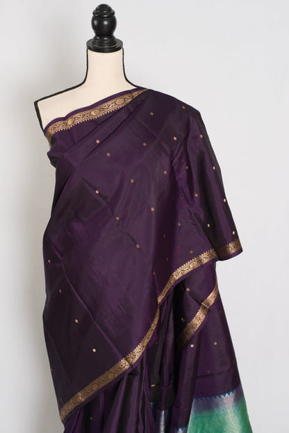 Rama: Eggplant Purple & Sea Green Minimalist Kanjivaram Silk Saree - Saree Mandi
