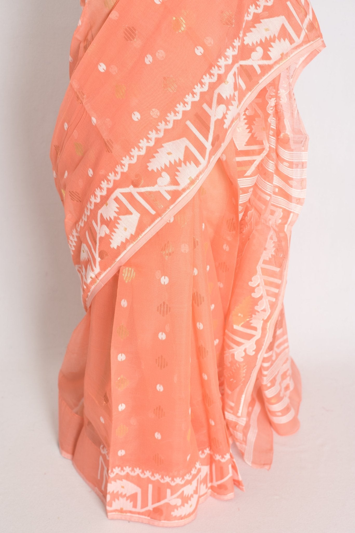 Ramani : Peach Orange Blended Soft Cotton Jamdani Bengali Saree - Saree Mandi