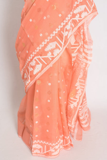 Ramani : Peach Orange Blended Soft Cotton Jamdani Bengali Saree - Saree Mandi