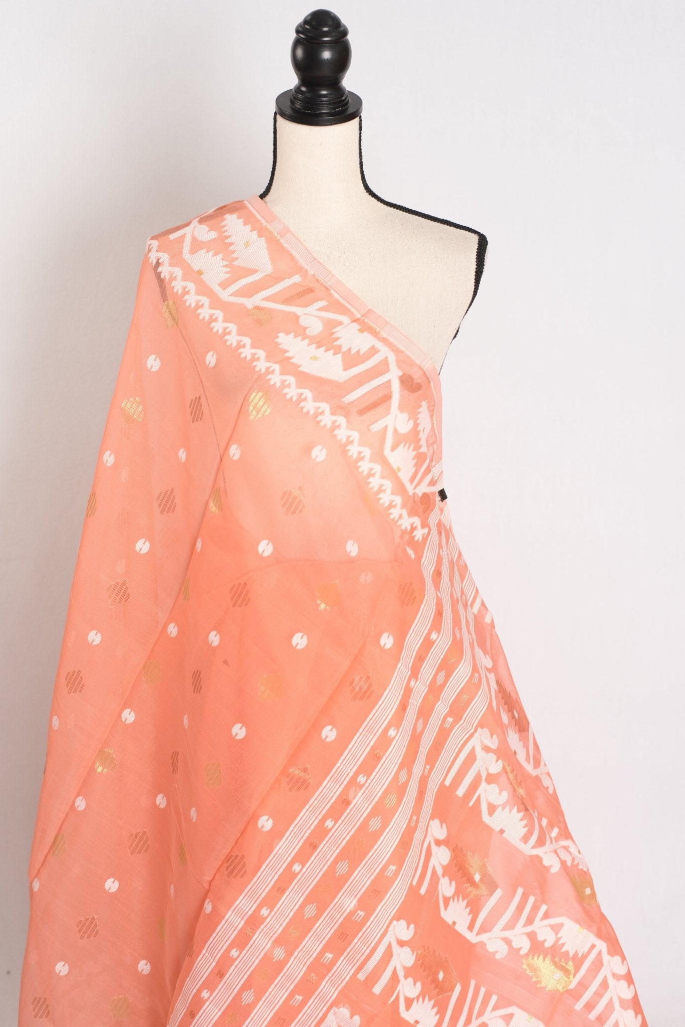 Ramani : Peach Orange Blended Soft Cotton Jamdani Bengali Saree - Saree Mandi