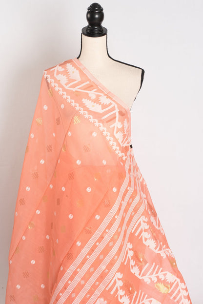 Ramani : Peach Orange Blended Soft Cotton Jamdani Bengali Saree - Saree Mandi