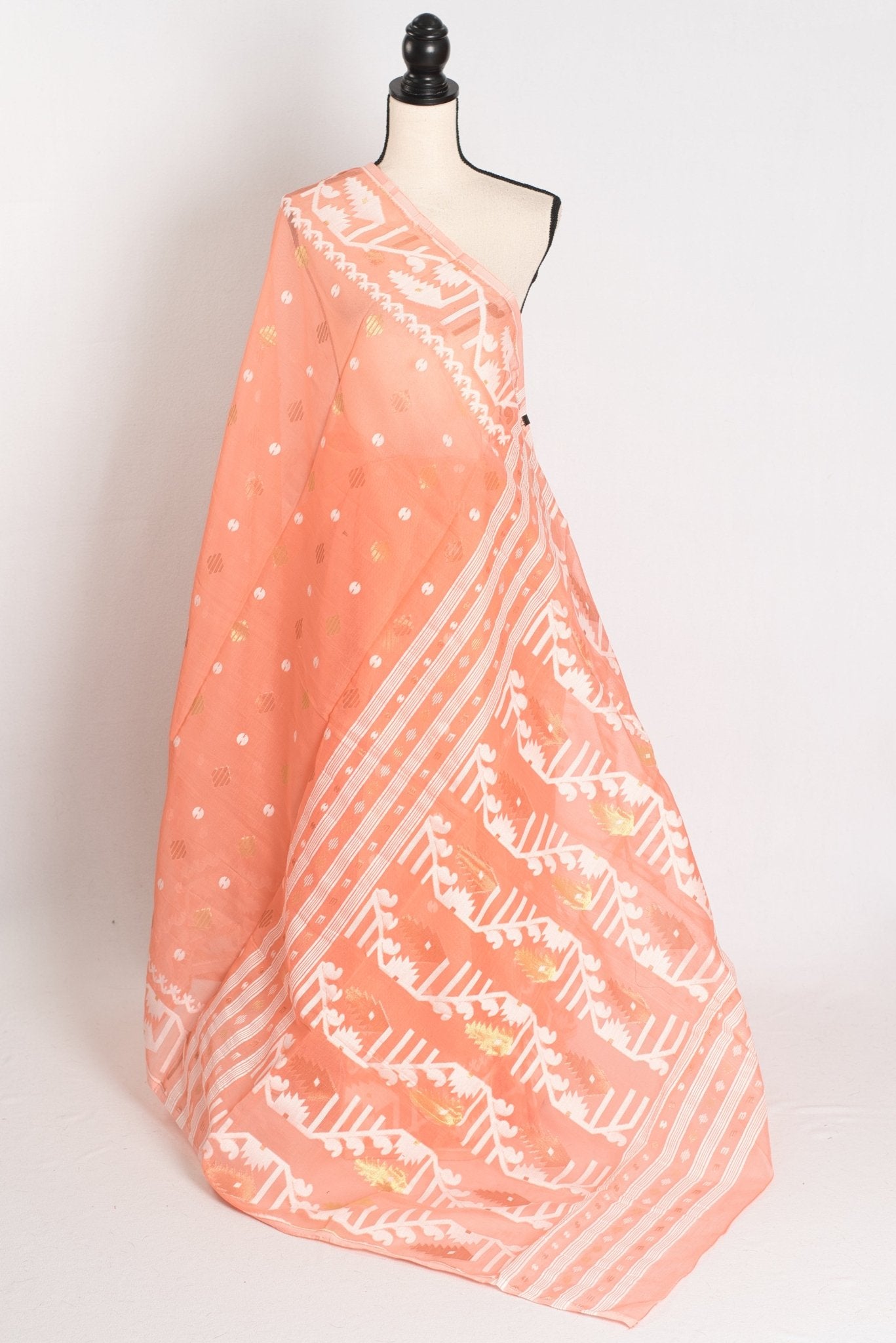Ramani : Peach Orange Blended Soft Cotton Jamdani Bengali Saree - Saree Mandi