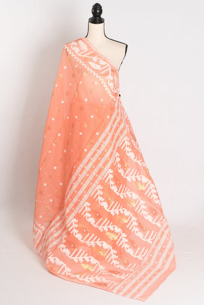 Ramani : Peach Orange Blended Soft Cotton Jamdani Bengali Saree - Saree Mandi