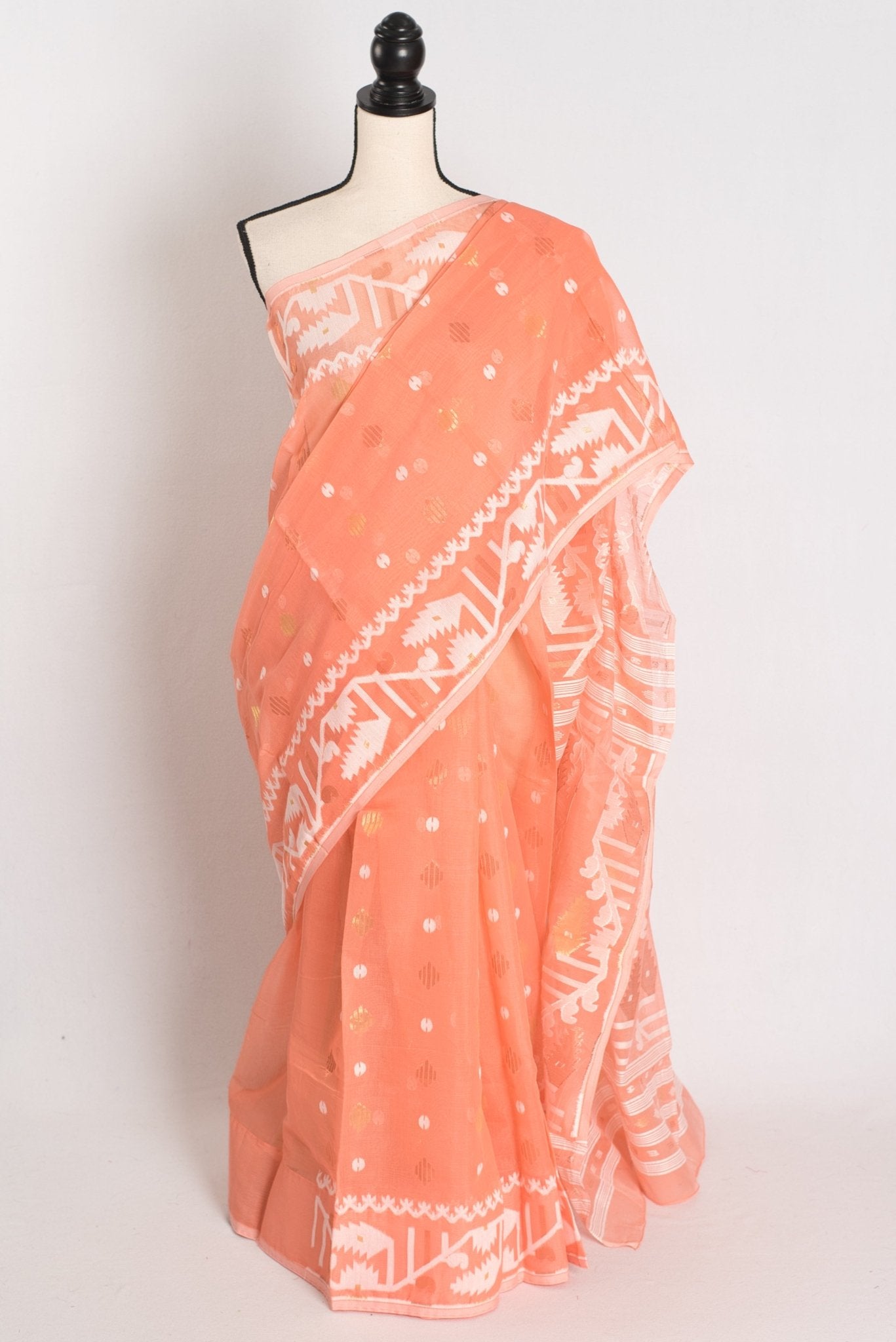 Ramani : Peach Orange Blended Soft Cotton Jamdani Bengali Saree - Saree Mandi