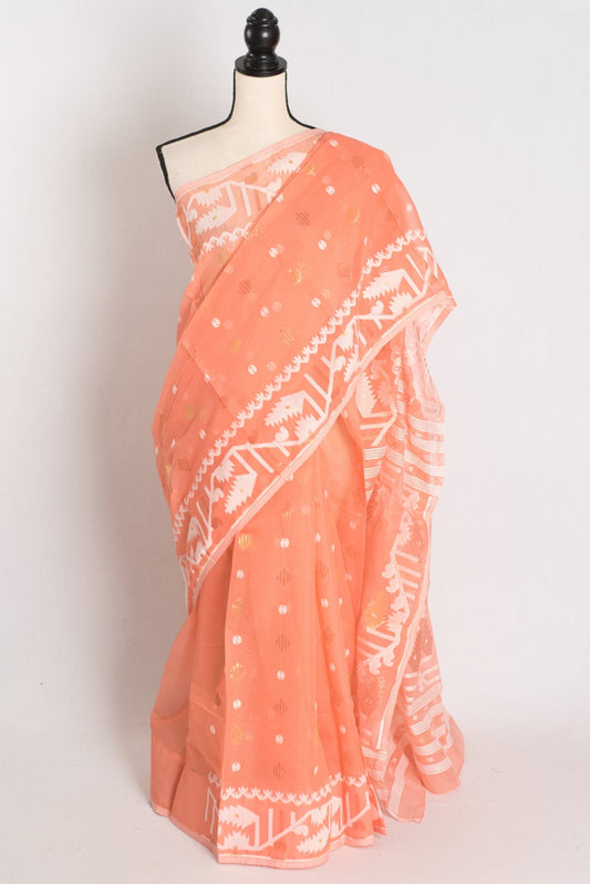 Ramani : Peach Orange Blended Soft Cotton Jamdani Bengali Saree - Saree Mandi