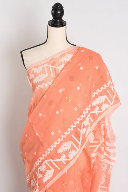 Ramani : Peach Orange Blended Soft Cotton Jamdani Bengali Saree - Saree Mandi