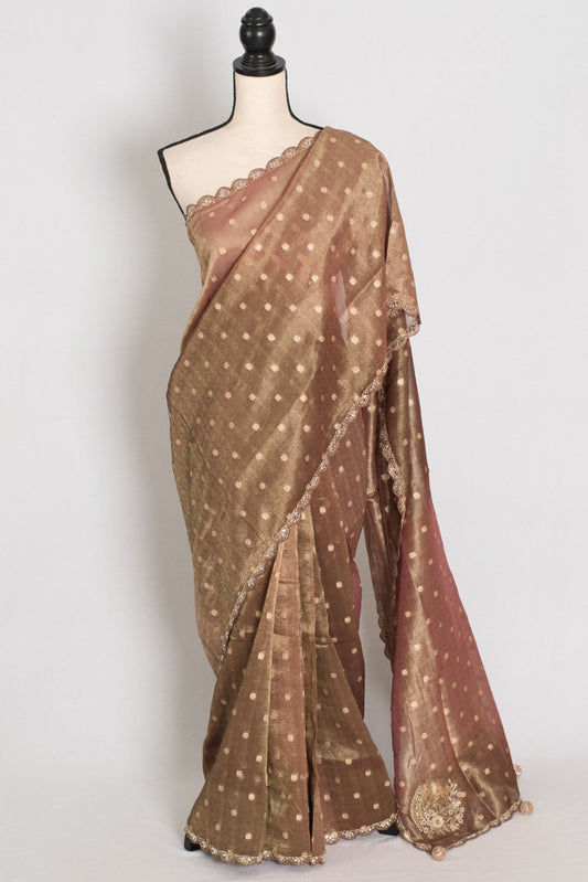 Rashmi: Brown Soft Tissue Saree with Hand Zardosi Embroidery | Partywear - Saree Mandi