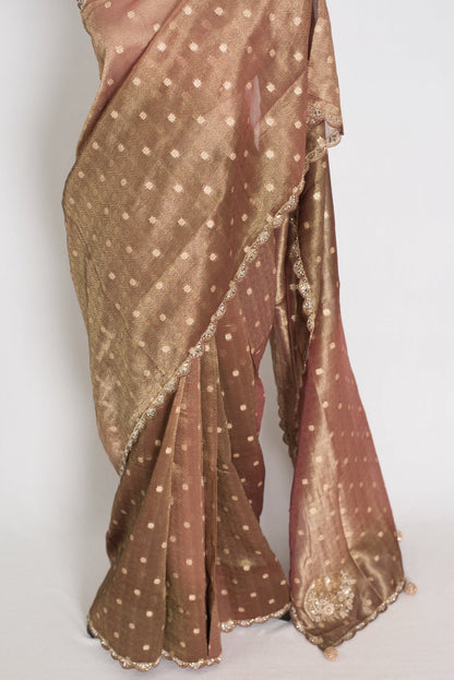Rashmi: Brown Soft Tissue Saree with Hand Zardosi Embroidery | Partywear - Saree Mandi