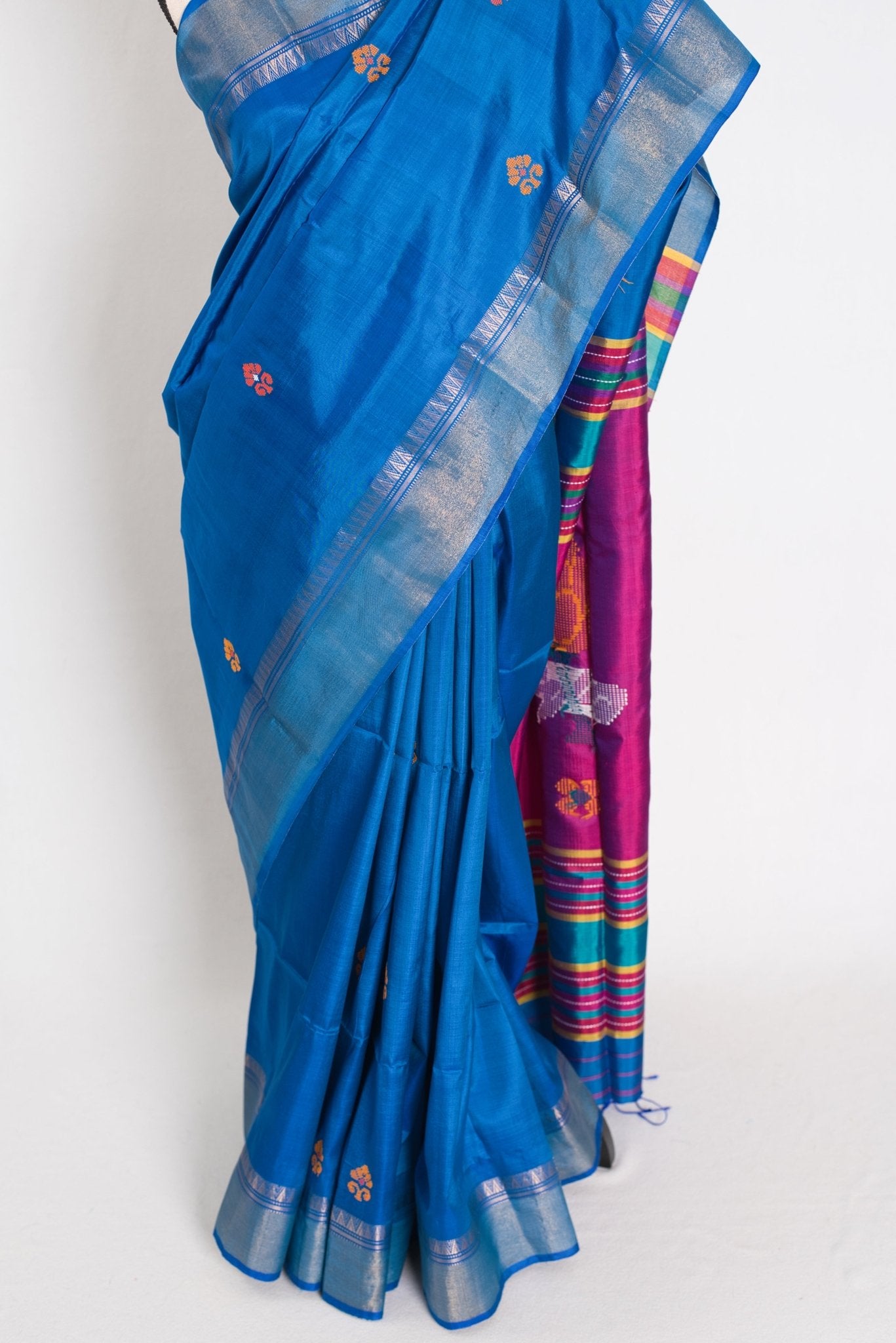 Rashmi : Lightweight Bishnupur Katan Silk Saree in Peacock Blue and Purple - Saree Mandi
