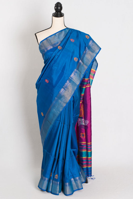 Rashmi : Lightweight Bishnupur Katan Silk Saree in Peacock Blue and Purple - Saree Mandi