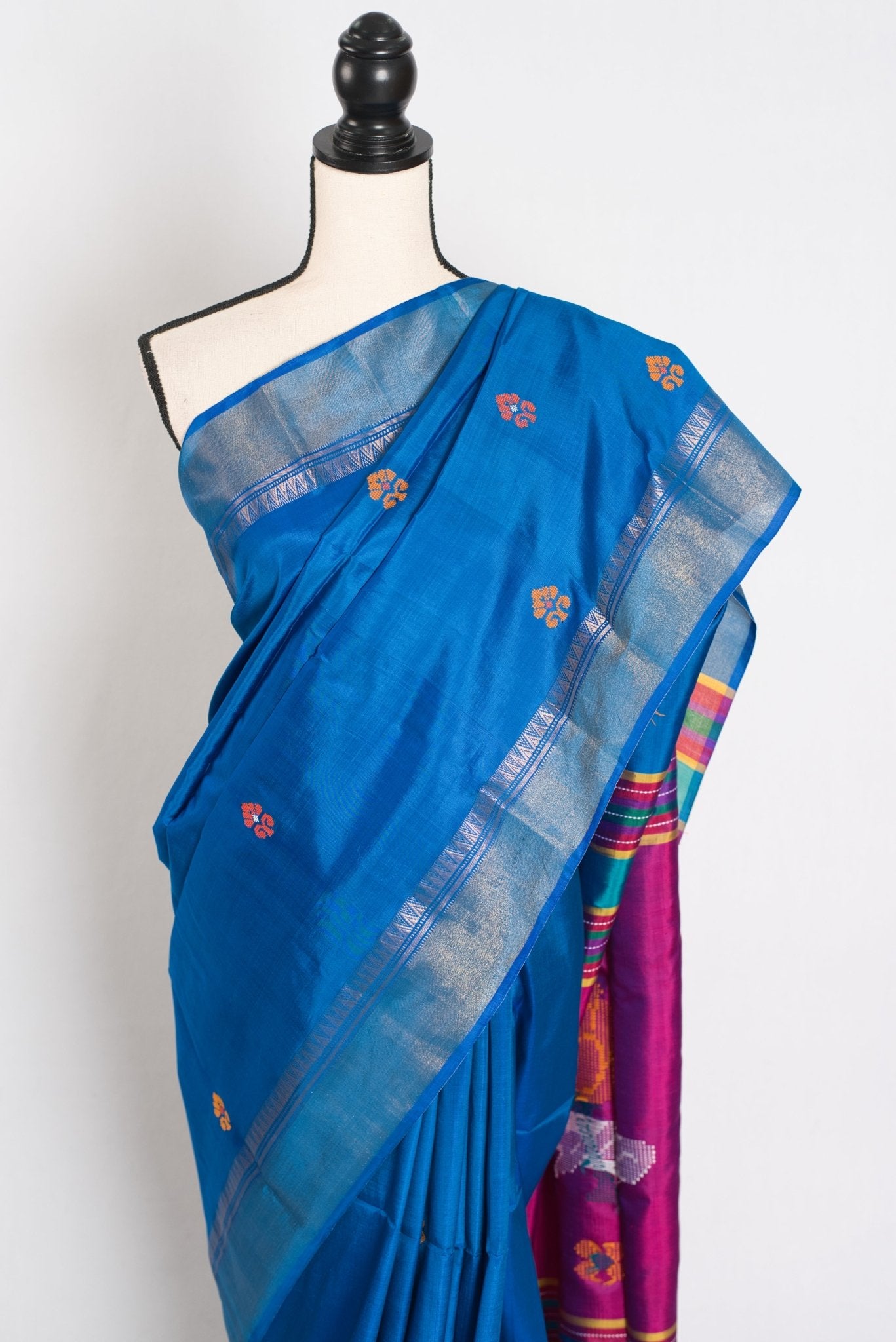 Rashmi : Lightweight Bishnupur Katan Silk Saree in Peacock Blue and Purple - Saree Mandi