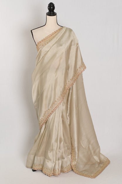 Rebecca : Tissue Designer Saree in Silver with Cut Dana Embroidery | Partywear - Saree Mandi