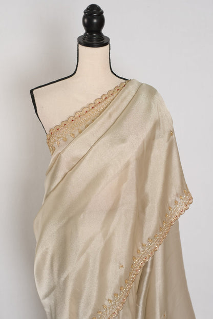 Rebecca : Tissue Designer Saree in Silver with Cut Dana Embroidery | Partywear - Saree Mandi