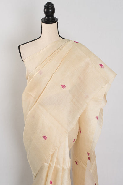 Renu: Cream & Pink Bengal Tussar Silk Saree | Silk Mark Certified - Saree Mandi