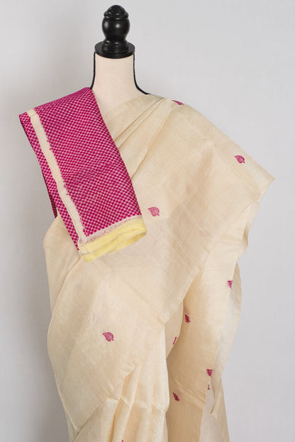 Renu: Cream & Pink Bengal Tussar Silk Saree | Silk Mark Certified - Saree Mandi