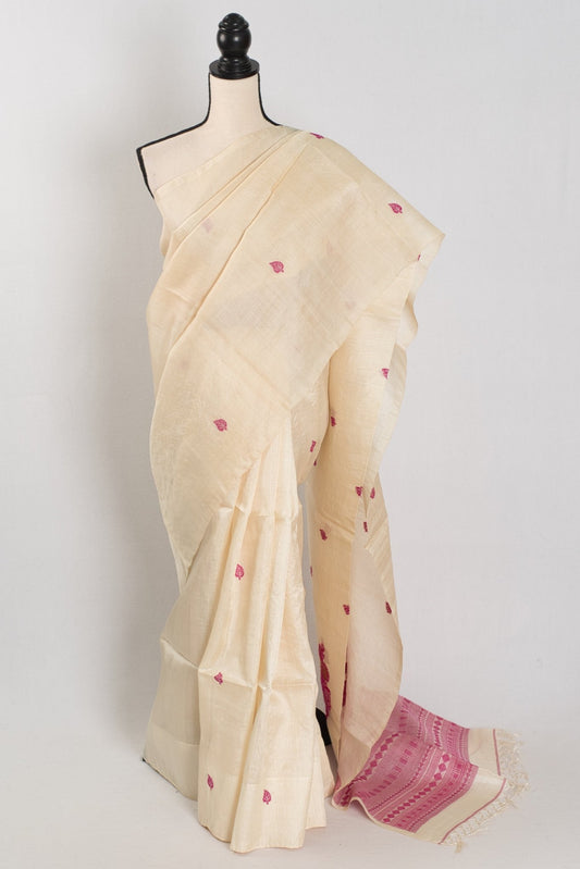 Renu: Cream & Pink Bengal Tussar Silk Saree | Silk Mark Certified - Saree Mandi