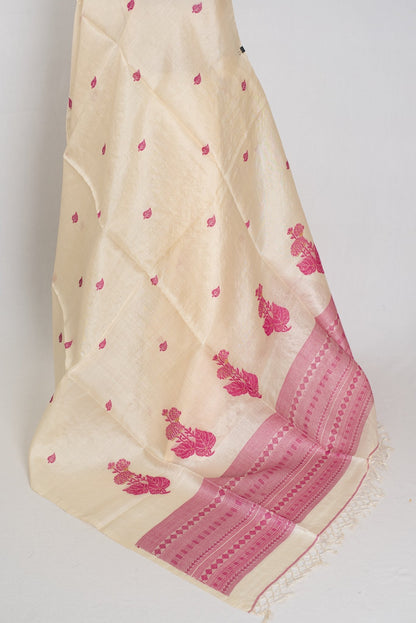 Renu: Cream & Pink Bengal Tussar Silk Saree | Silk Mark Certified - Saree Mandi