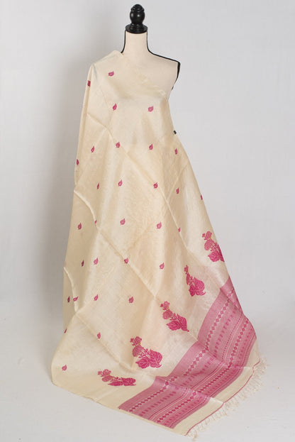 Renu: Cream & Pink Bengal Tussar Silk Saree | Silk Mark Certified - Saree Mandi