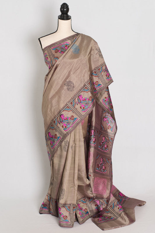 Ria | Ash Brown Hand Block Printed Bishnupur Silk Saree | 40 Size Blouse - Saree Mandi
