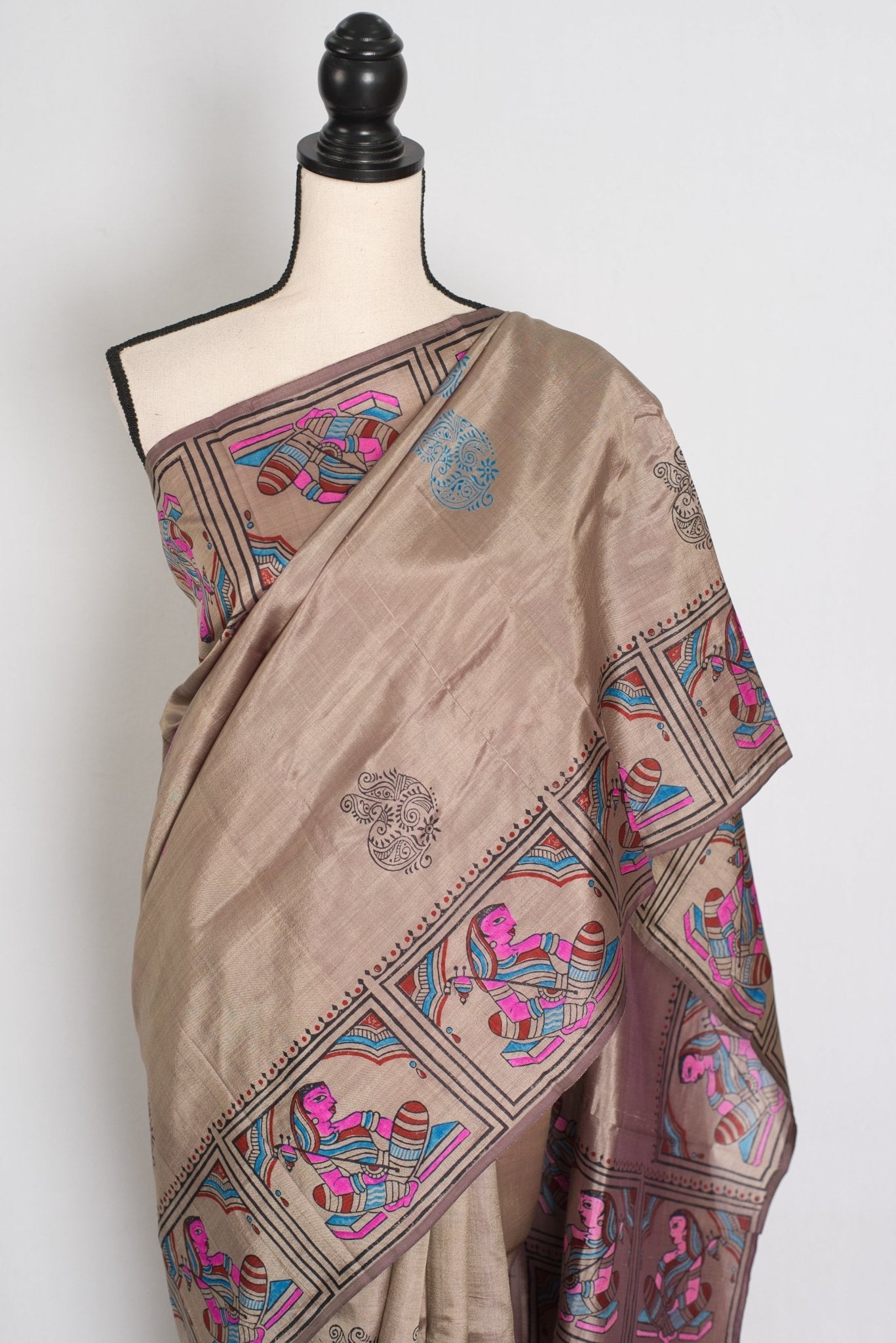 Ria | Ash Brown Hand Block Printed Bishnupur Silk Saree | 40 Size Blouse - Saree Mandi