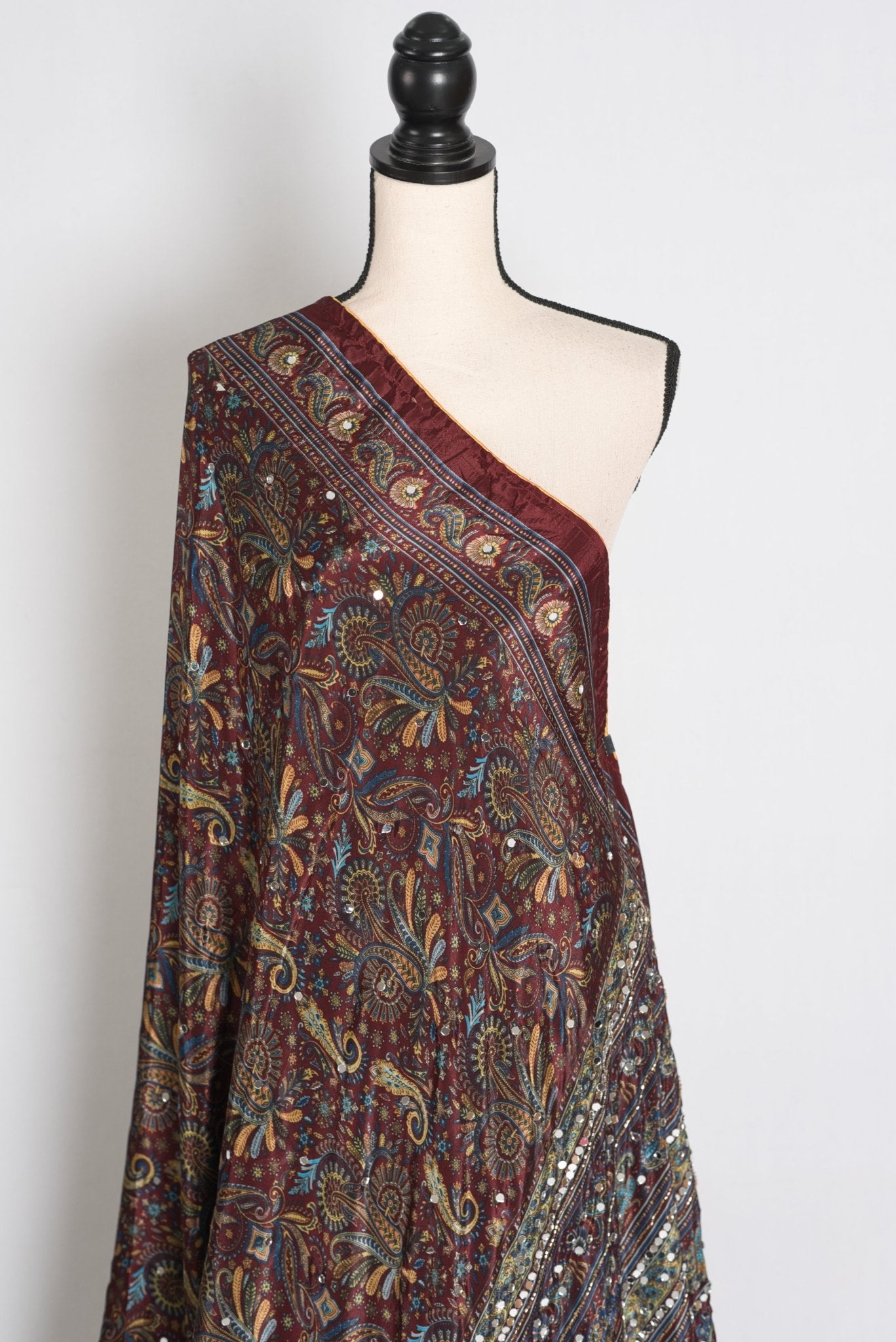 Rimi : Brown Kalamkari Print Semi Modal Silk Saree with Mirrors - Saree Mandi