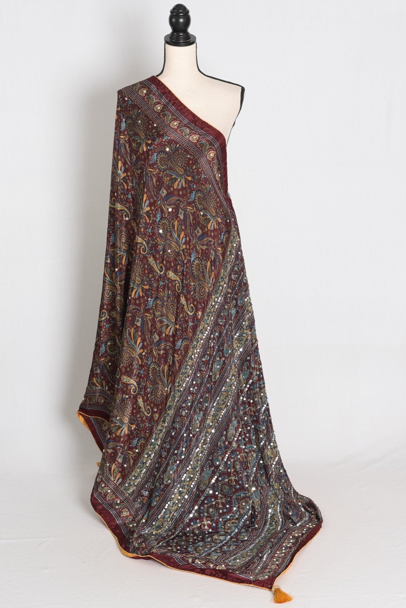 Rimi : Brown Kalamkari Print Semi Modal Silk Saree with Mirrors - Saree Mandi