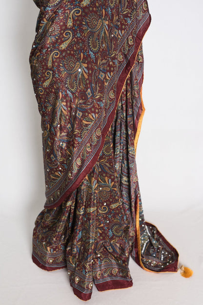 Rimi : Brown Kalamkari Print Semi Modal Silk Saree with Mirrors - Saree Mandi