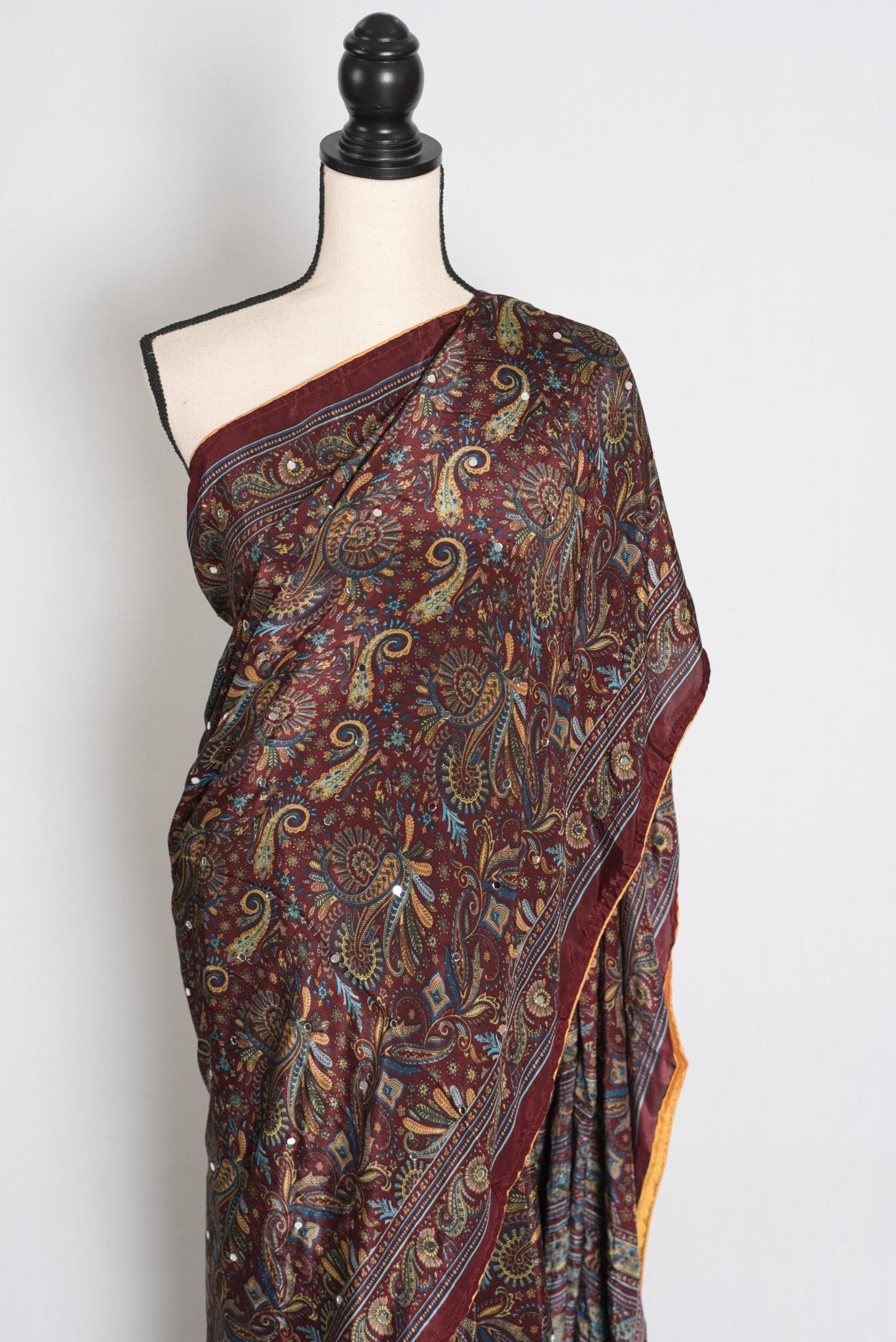 Rimi : Brown Kalamkari Print Semi Modal Silk Saree with Mirrors - Saree Mandi