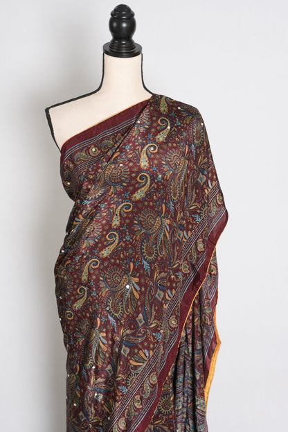 Rimi : Brown Kalamkari Print Semi Modal Silk Saree with Mirrors - Saree Mandi
