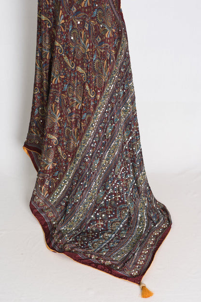 Rimi : Brown Kalamkari Print Semi Modal Silk Saree with Mirrors - Saree Mandi