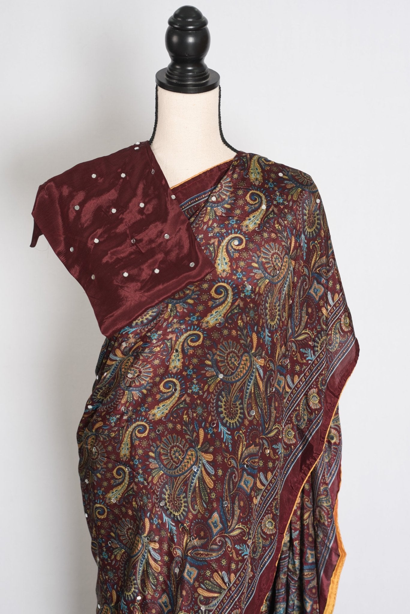Rimi : Brown Kalamkari Print Semi Modal Silk Saree with Mirrors - Saree Mandi