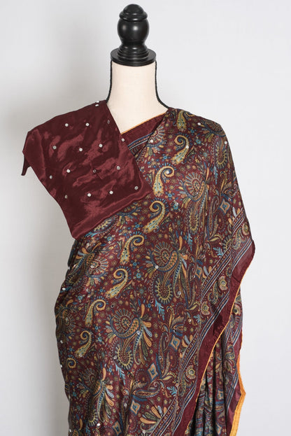 Rimi : Brown Kalamkari Print Semi Modal Silk Saree with Mirrors - Saree Mandi