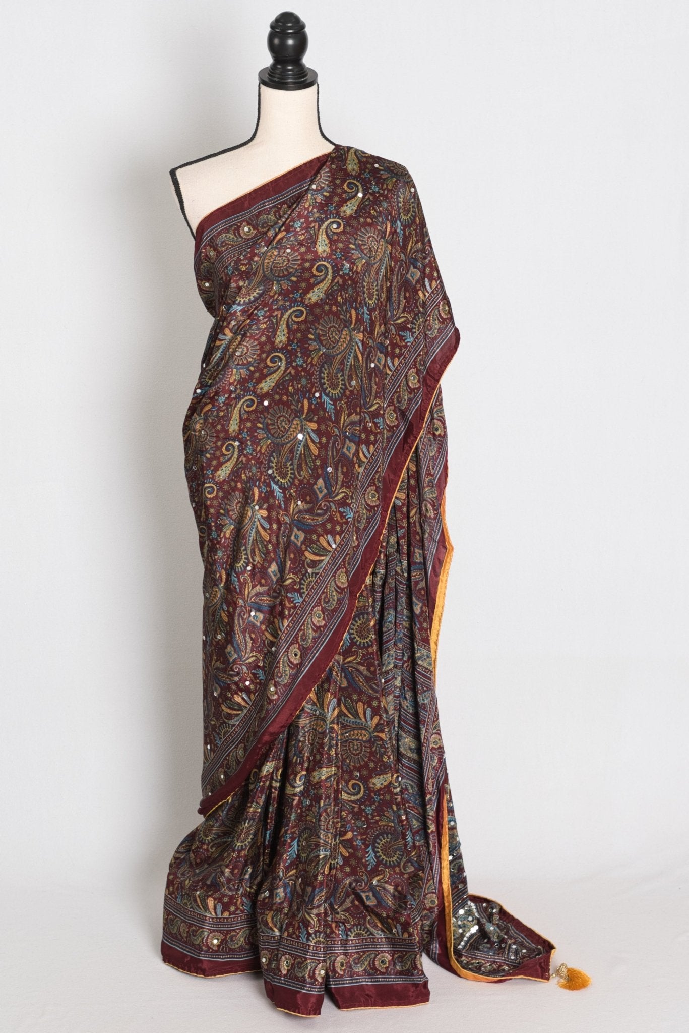 Rimi : Brown Kalamkari Print Semi Modal Silk Saree with Mirrors - Saree Mandi