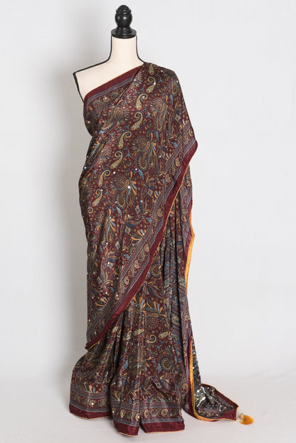 Rimi : Brown Kalamkari Print Semi Modal Silk Saree with Mirrors - Saree Mandi