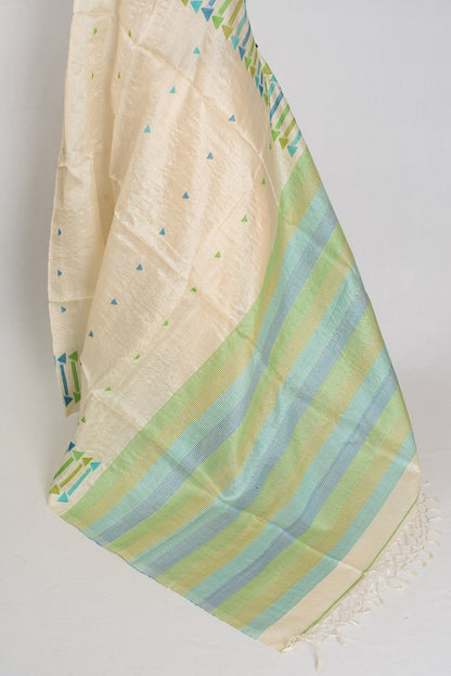 Rini: Cream Tussar Silk Saree with Blue & Green Motifs | Silk Mark Certified - Saree Mandi