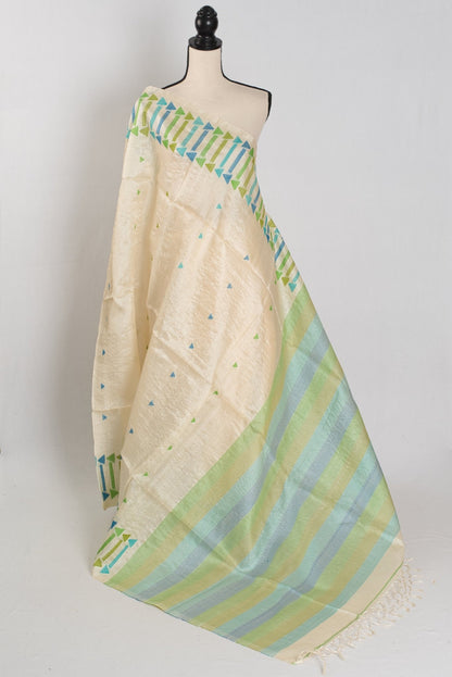 Rini: Cream Tussar Silk Saree with Blue & Green Motifs | Silk Mark Certified - Saree Mandi