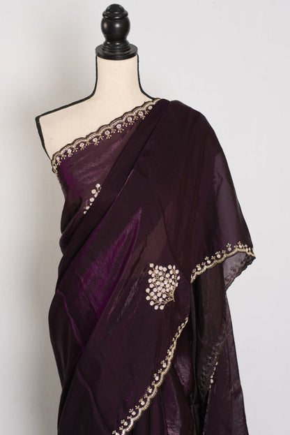 Rini: Deep Purple Glass Tissue Saree with Cut Dana Work | Partywear - Saree Mandi